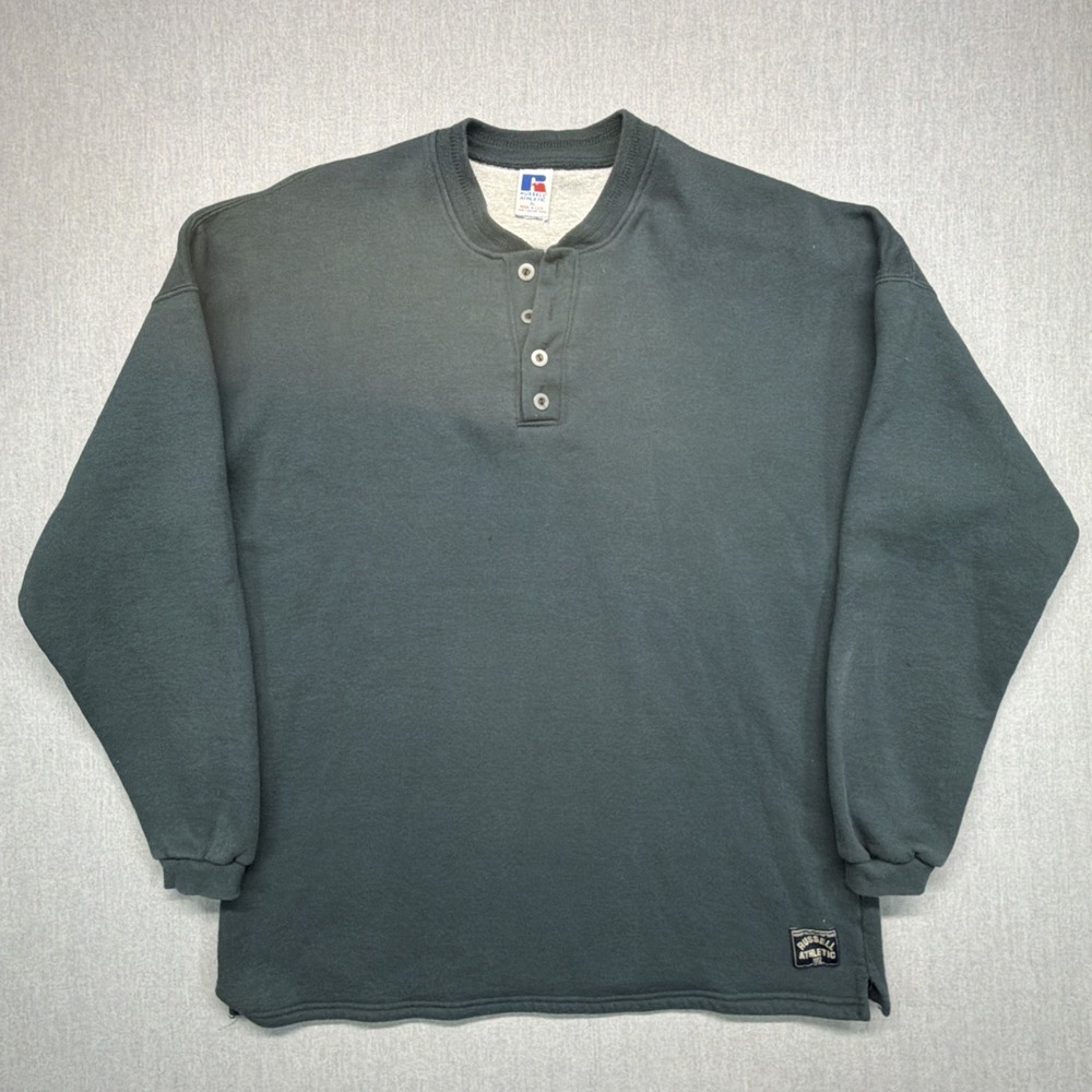 Vintage 90s Russell Athletic Henley Sweatshirt Mens XL Green Made USA Blank